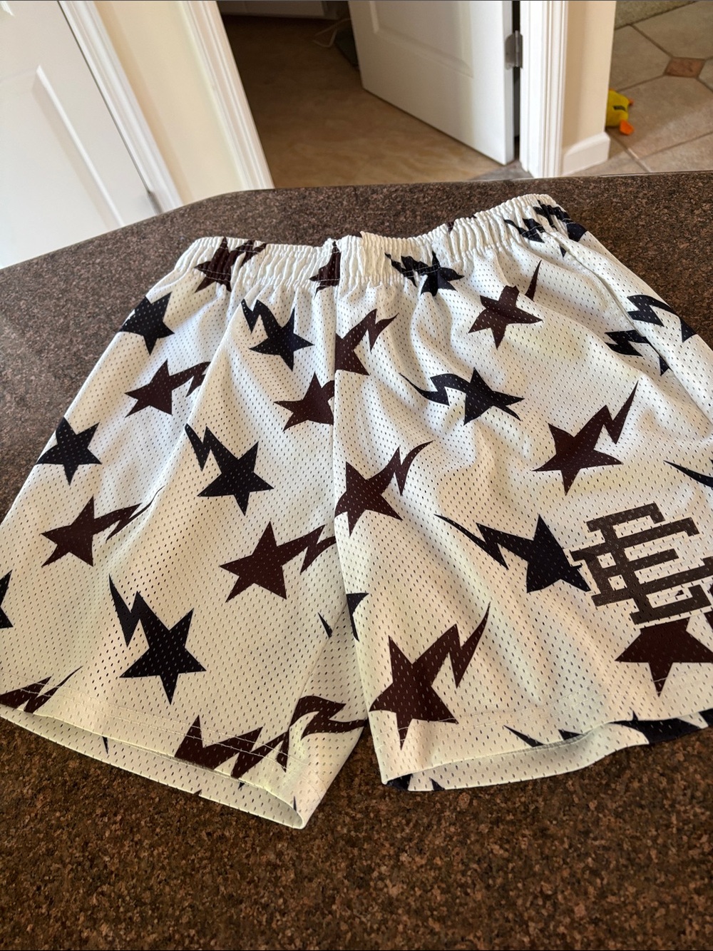 Eric Emanuel X BAPE White Mesh Brown Blue Star & Lightning Print Shorts-L